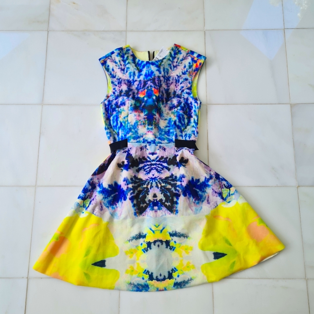 M. Katrantzou Print Neon Yellow Blue Vibrant Multicolor Belted Stretch Dress